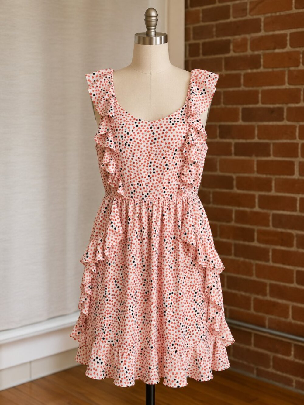 Sugarlips Polka Dot Ruffle Mini Dress with Pockets Orange Blue Medium